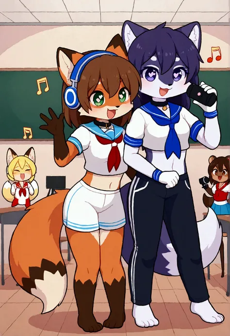 2girls, fox and tanuki, furry, bodyfur, tail, collar, sailor suit, short sleeves, jersey pants, long pants, white gloves, snow gloves, barefeet, chibi, sparkling eyes, full body, classroom, camera, idol, singing, dancing, headphones