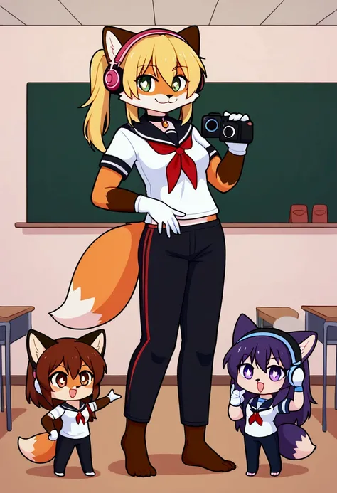 2girls, fox and tanuki, furry, bodyfur, tail, collar, sailor suit, short sleeves, jersey pants, long pants, white gloves, snow gloves, barefeet, chibi, sparkling eyes, full body, classroom, camera, idol, singing, dancing, headphones