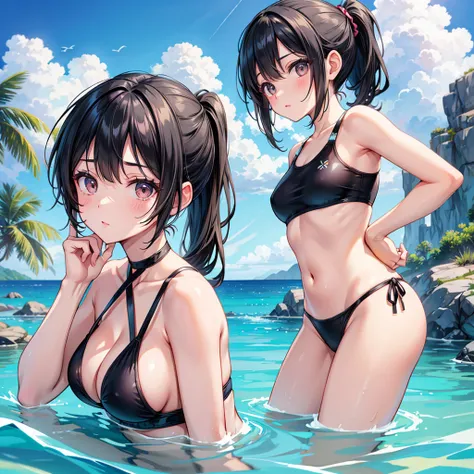 Black Hair　ponytail　Half Up　One person　beautiful girl　Droopy eyes　Swimsuit　Adult