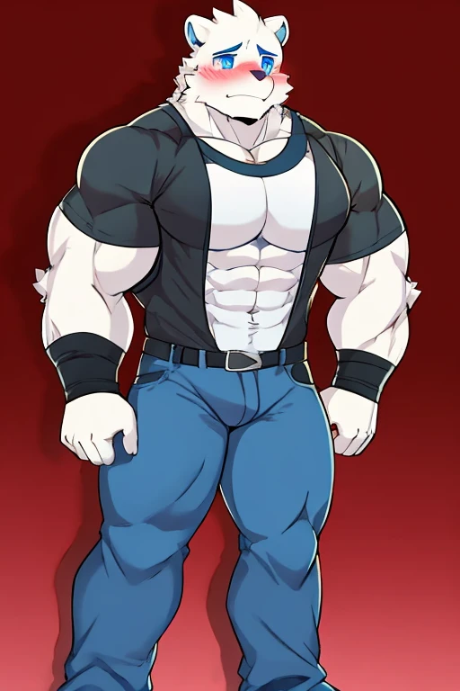 polar bone, muscular, blue eyes, with black sleeveless shirt, Blue pants, blushing