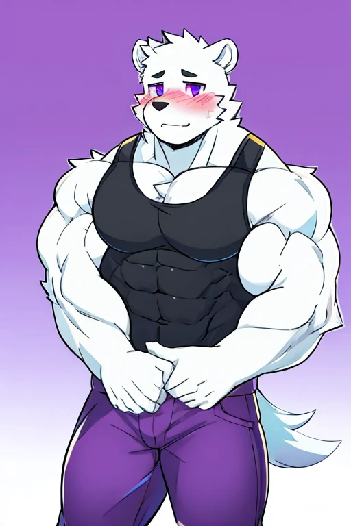 polar bone, muscular, purple eyes, with black sleeveless shirt, purple pants, blushing