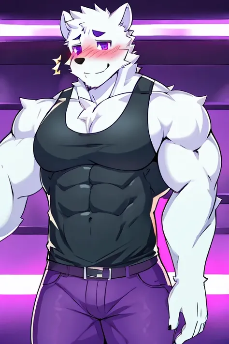 polar bone, muscular, purple eyes, with black sleeveless shirt, purple pants, blushing