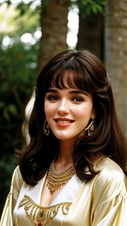 Isabelle Adjani wearing clothes made of jewelry and smiling