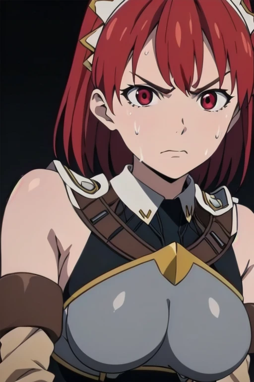 Cecily Campbell, big breasts, armor, breastplate, red hair, red eyes, 1girl, solo, upper body, angry facial expression, shocked eyes, (looking down), sweat, (simple dark background), close-up, sit down, (electric chair)