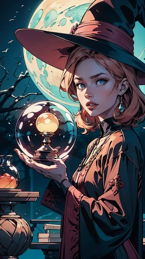 "Witchy Accessories": An illustration showcasing the iconic accessories of witches, including a pointed hat, broomstick, cauldron, and crystal ball, arranged in a visually appealing composition, Ultra realism, color field printing, high detail, UHD, 8k, an...