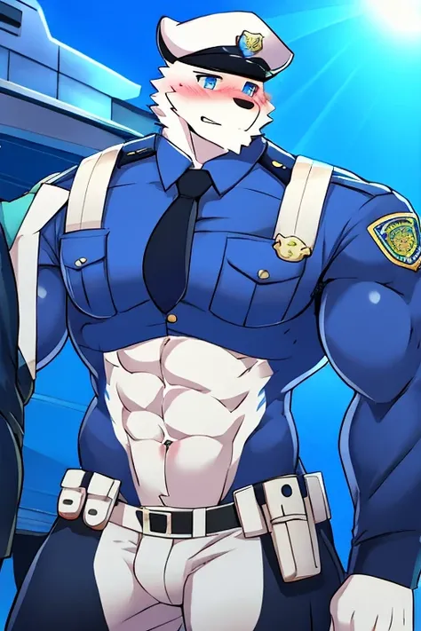 polar bone, police, muscular, blue eyes, blushing