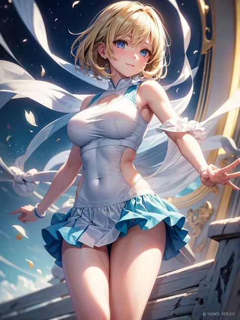 Anime style, super fine illustration, highly detailed, beautiful detailed, pale tone image, static representation, gentle expression, 8k, pretty 1girl with blonde straight short hair & blue eyes & a bright smile & full bust & soft fair skin is wearing the ...