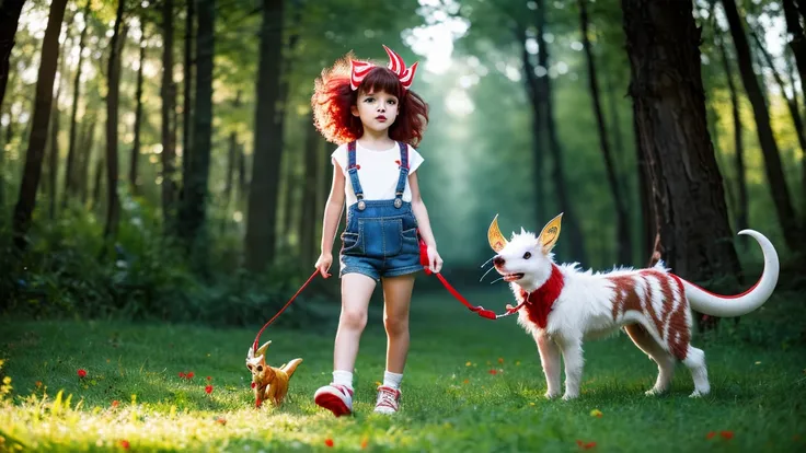 Abstract surreal art 3d 8k uhd airbrush hyper detailed ultra realistic representation glamour punk, a 3 year old elf with red spiky hair, red dungarees white t-shirt white sneakers, the elf leads a red blue white dragon with small white horns on a leash, b...