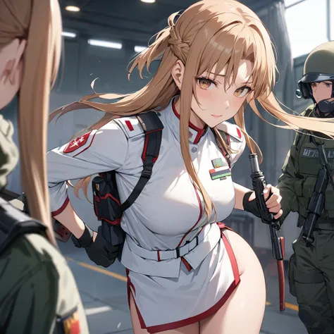 ((Highest quality)), ((masterpiece)), (detailed), （Perfect Face）、The woman is Yuuki Asuna, a Ground Self-Defense Force officer, standing with light brown semi-long hair and wearing a Ground Self-Defense Force uniform.