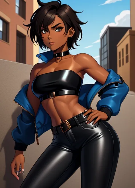 high quality, extremely detailed, perfect face, 1girl, solo, tomboy, midriff, thighhighs, (tan-bronze skin), (Wearing: blue jacket, choker, Strapless black tube-top, Belt, Black leather pants), ahoge, piercings, toned, short black hair
