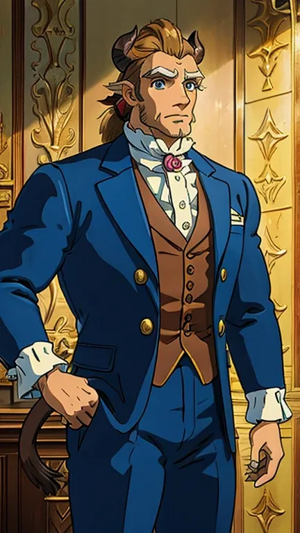 (a man as beast (/disney/)), (extremely detailed CG unit 8k wallpaper),(master part), (best quality), (ultra detail), (best illustration),(ghibli style), cowboy shot,(Sharp eyeliner, ombre, detailed eyes:1),victorian style castle interiors GHIBLI_Backgroun...