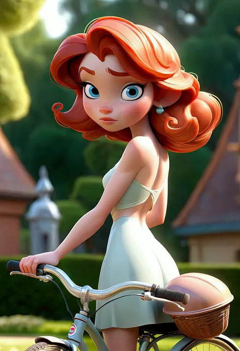 Disney Pixar Style, Redhead, beautiful, princess face, sculptural face, naked, sculptural body, light blue eyes, holding a bicycle helmet, in the background a park, from behind, showing her ass, naked, completely naked