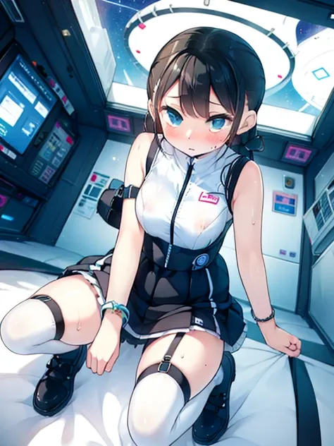 (Highest quality), (masterpiece), 1080P, High resolution, 4K, 8k, Inside the space station、Futuristic room、Thigh straps, Shooting from directly below, The woman on top of me, Nipples, 白いSweat, Covered , Sweat, Woman looking down, Skirt swimsuit, Thigh-high...