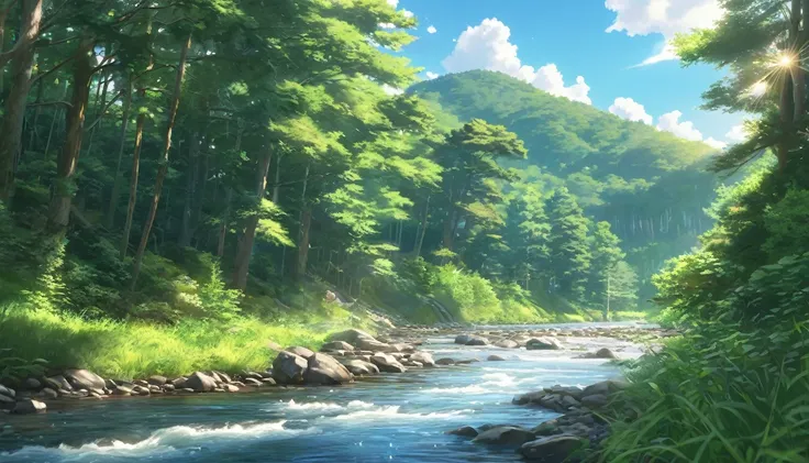 landscape, summer, Clear Stream, forest, unmanned, river, blue sky, Nobody, Distant Mountain々, HD detailed, Super detailed, movie, Hyperrealism, Soft Light, Deep Focus Bokeh, Ray Tracing, Hyperrealism. , アートステーション pixiv Gwise, Makoto Shinkai, ArtJam