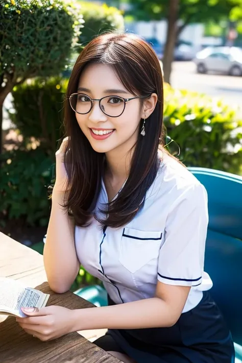 (A gorgeous Chinese lady, age 28, a professional lecturer wearing formal office attire, blazers, short-sleeve white shirt with pockets & buttons, pencil mini-skirt, sitting to read a book in a outdoor cafe,

(geeky, feminine, gentle, friendly), metal-frame...