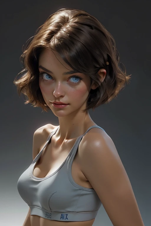 Character design sheet, (Masterpiece, best quality) detailed, ((30 years old mature woman, a small face, no-makeup, off shoulders, Bust C Cup, Exposed cleavage, Blue eyes, Short hair, dark brown hair, leggins, shinning Sportsbra, fullnude)), Cinematic ligh...