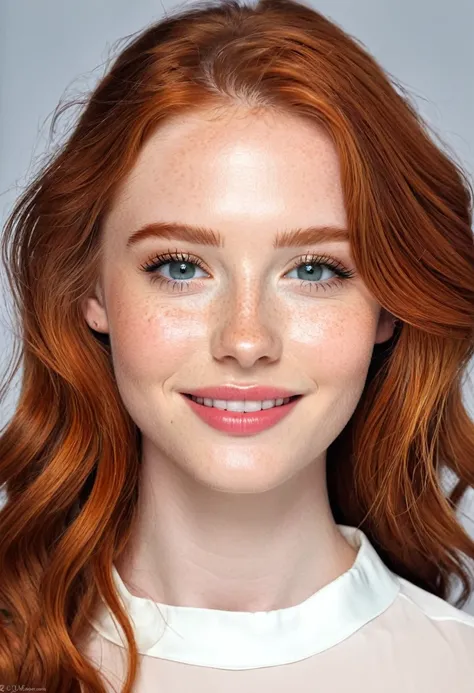 Por favor, create an image of a young 20-year-old influencer. She is redhead, with long, wavy hair that falls gently over her shoulders. Your eyes are green, bright and expressive, standing out on your face. She has a fair and flawless complexion, with a f...