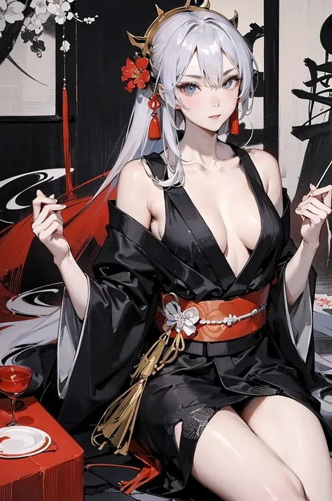 Wait for the sexy warrior, Pretty face, Delicious company, A captivating sight, Wearing a sexy open kimono. The work is created in a medium reminiscent of Japanese ink painting.。....., 具有大胆的笔触和Monochromatic color palette. Artist&#39;Stunning technique give...