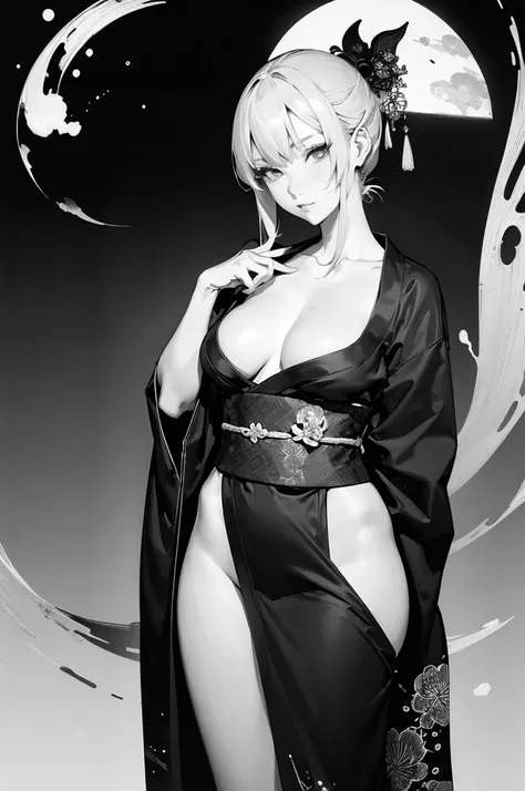 Wait for the sexy warrior, Pretty face, Delicious company, A captivating sight, Wearing a sexy open kimono. The work is created in a medium reminiscent of Japanese ink painting.。....., 具有大胆的笔触和Monochromatic color palette. Artist&#39;Stunning technique give...