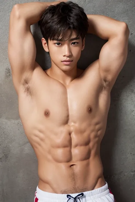 One boy, beautiful abs, thick armpit hair, tanned skin
