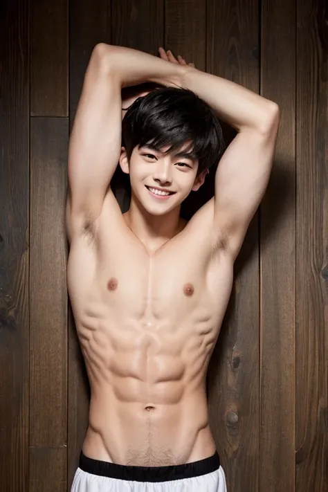 One boy, beautiful abs, skinny, galand, dark armpits, black hair, smiling, 