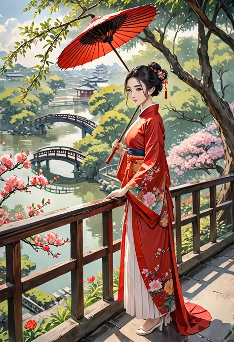 oil paper umbrella,1girl,solo,black hair,hair bun,hair ornament,chinese clothes,tree,railing,single hair bun,full body,flower,branch,standing,outdoors,bridge,long hair,looking at viewer,from side,