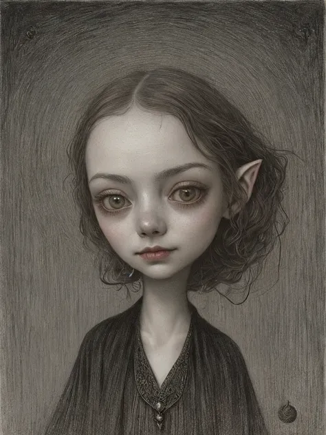 A closeup of a drawing of a beautiful woman, inspired by Santiago Caruso, inspired by Alfred Kubin, Styled by Mark Ryden, Mark Ryden in the style of, alien portrait, Old - Dark School Fantasy Art, Portrait of an elf, Anton Semenov, portrait of emma stone, ...