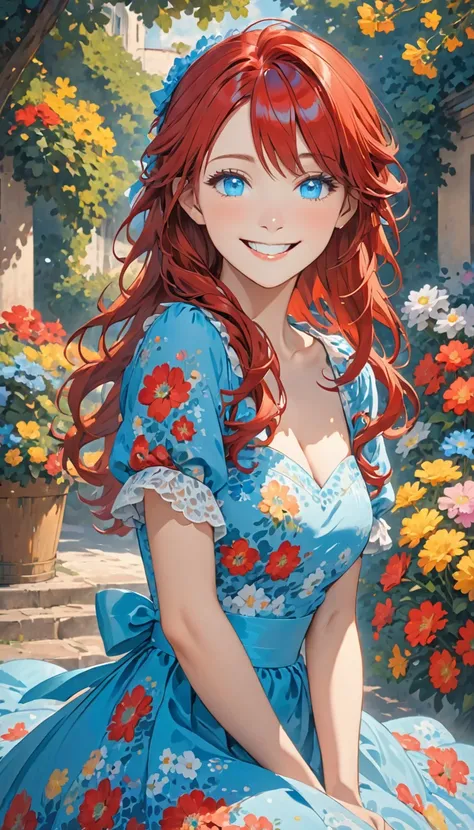 red hair , blue eyes, smile , dress red 