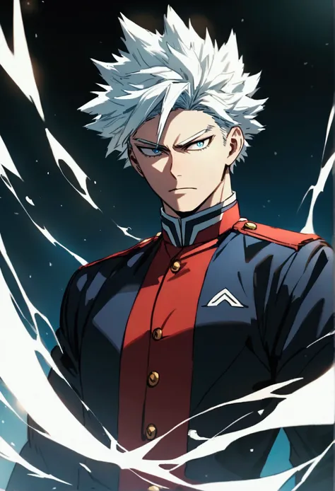 My hero academia serious and handsome guy , Messy white hair and blue eyes, with the UA uniform 