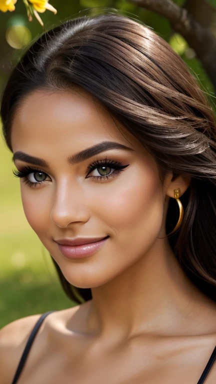 lhr piercing eyes, looking straight, very happy, retrato em close, detailed face and body LOreal makeup with shiny gold eyeshadow striking black eyeliner and nude lipstick the skin is smooth and radiant with a healthy glow outdoors sunny day natural makeup...