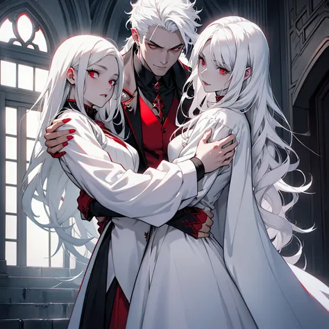 make a vampire boy with white hair and red eyes wearing a white suit and a vampire girl with red eyes and long white hair wearing a white dress in front of a dark mansion in a dark fantasy theme