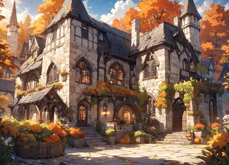 Masterpiece, soft and warm light, autumn, beautiful sky. A luxurious medieval manor with arched window and slate roof. Large round tower on the side, stone porch, white stone, lush garden