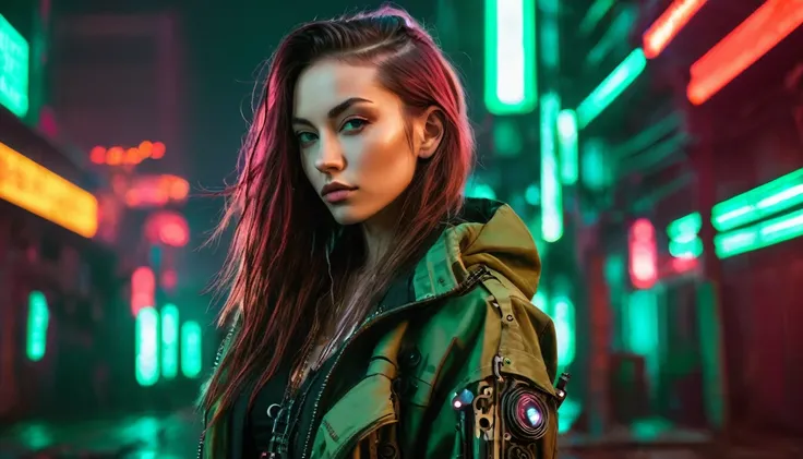 Beautiful girl small breasts, Wearing a sturdy jacket, Long Hair, Cyberpunk night scene with mechanical weapons, Cyberpunk Red Green Background