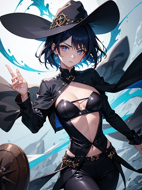 Woman, Mage, short dark blue hair, badass clothes, black hat
