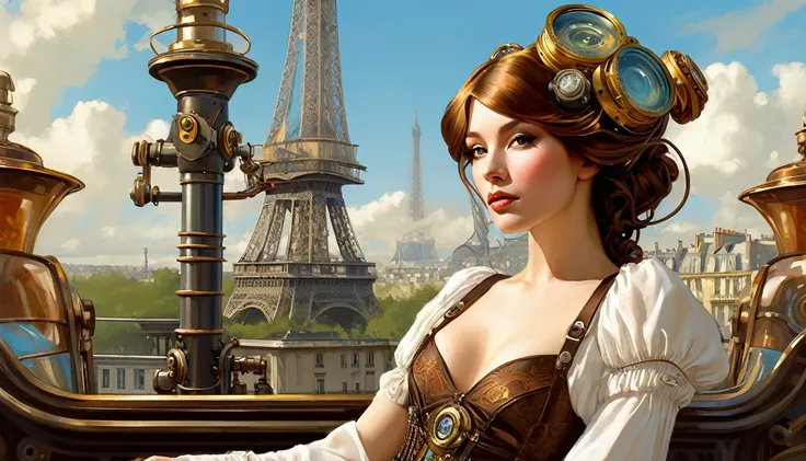 photograph (( )), wearing elegant dress steampunk items, Contemporary Paris , Complex, elegant, Very detailed, Digital Painting, Art Station, Concept Art, Smooth, Sharp focus, illustration0.Atation, ArtJam、Greg Rutkowski、Art by Alphonse Mucha