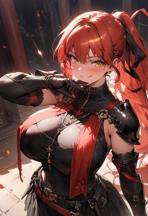 (masterpiece),(best quality),(ultra-detailed),(best illustration),(best shadow),(absurdres),(detailed background),(very aesthetic), knight, long hair, red hair, ((Ponytail)), yellow eyes, perfect face, black armor,, ((exposed arm)), red_ornaments, red_taba...