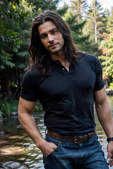 Man in his 30s, He has deep, intense eyes that are sharp and perceptive. They are a dark color, perhaps black or brown, his hair is long, dark hair that falls in waves around his face. It is thick and lustrous, giving me a wild and untamed look, his skin i...