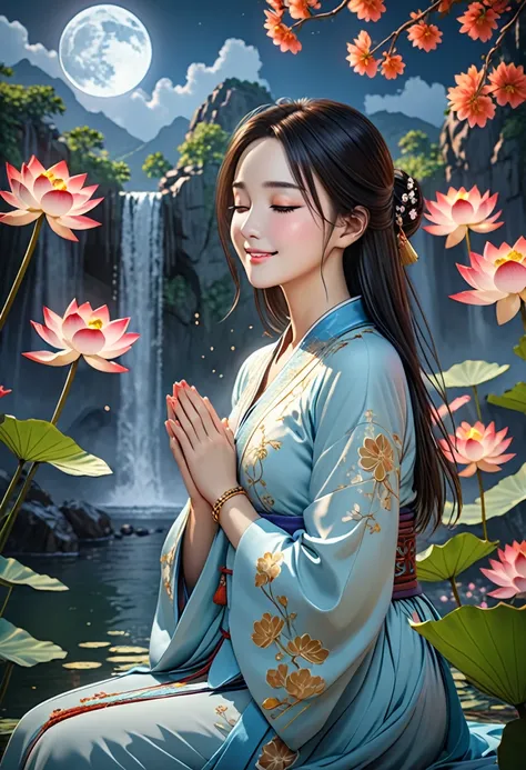 1girl(chinese style,solo,black hair,forehead mark,makeup,closed eyes,closed mouth,smile,chinese clothes,long sleeves,necklace,bracelet,jewelry,own hands together holding flower,praying,sitting on the lotus,look at viewer), Background((full moon,cliff,water...