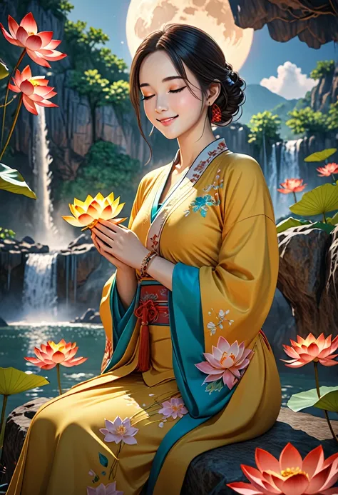 1girl(chinese style,solo,black hair,forehead mark,makeup,closed eyes,closed mouth,smile,chinese clothes,long sleeves,necklace,bracelet,jewelry,own hands together holding flower,praying,sitting on the lotus,look at viewer), Background((full moon,cliff,water...