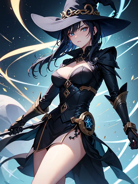 Woman, Mage, short dark blue hair, badass clothes, black hat, energy ball