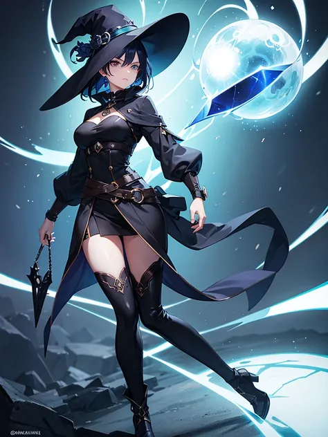 Woman, Mage, short dark blue hair, badass clothes, black hat, energy ball