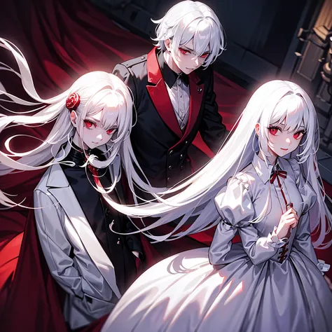 make a vampire boy with white hair and red eyes wearing a white suit and a vampire girl with red eyes and long white hair wearing a white dress in front of a dark mansion in a dark fantasy theme