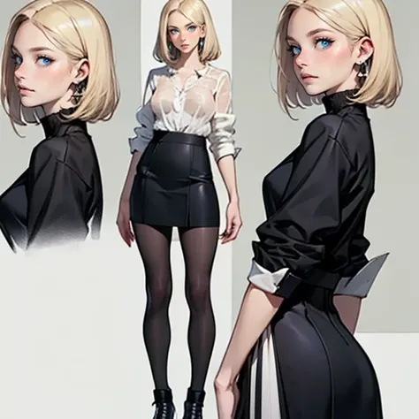 ((masterpiece)), (((best quality))), 1 female, pale white skin, very light blonde hair, medium hair, bob hair style, beautiful woman, blue eyes, simple earrings, blouse, skirt, leggings, small breasts, full body view, standing straight, detailed face, high...