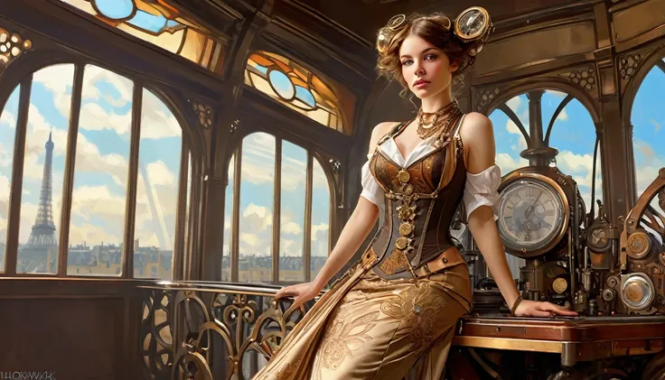 photograph (( )), wearing elegant dress steampunk items, Contemporary Paris , Complex, elegant, Very detailed, Digital Painting, Art Station, Concept Art, Smooth, Sharp focus, illustration0.Atation, ArtJam、Greg Rutkowski、Art by Alphonse Mucha