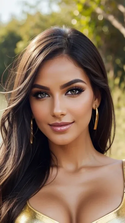 lhr piercing eyes, looking straight, very happy, , detailed face and body LOreal makeup with shiny gold eyeshadow striking black eyeliner and nude lipstick the skin is smooth and radiant with a healthy glow outdoors sunny day natural makeup sincere pose fr...