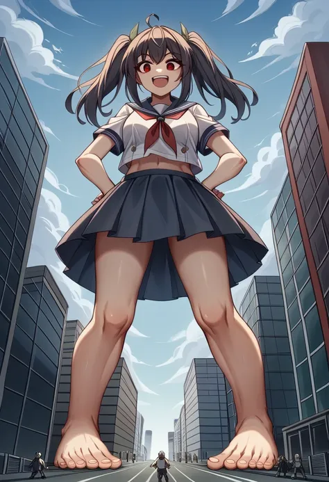 A cruel and gigantic monster、Giant monster、gigantic giantess、planet size giantess,Giantess、Twin tails、Red eyes、Make women bigger、giantess、Great impact、Sailor suit、Navy Skirt、Walk with your feet raised、The approaching situation、A distant view of a miniature...