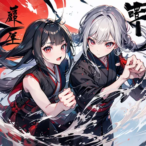 high quality,,black kimono,gray hair,long hair, seductive red eyes,nice,japanese style,fight,martial arts,fist,fistのfight,movie,...