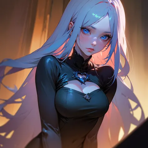 a young girl anime 
 with long white hair with blue tips,  figure, slightly large chest, yandere personality, heart-shaped eyes holding a knife, in a dark basement, (best quality,8k,highres,masterpiece:1.2),ultra-detailed,(realistic,photorealistic,photo-re...