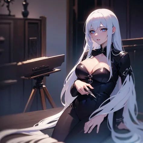 a young girl anime 
 with long white hair with blue tips,  figure, slightly large chest, yandere personality, heart-shaped eyes holding a knife, in a dark basement, (best quality,8k,highres,masterpiece:1.2),ultra-detailed,(realistic,photorealistic,photo-re...