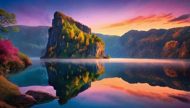 Photos that capture the essence of a magical dream world. A magnificent and legendary cliff jutting out over a beautiful lake, Surreal and vibrant colors illuminate the reflection.. The atmosphere is otherworldly, The soft evening light casts a fantastic s...